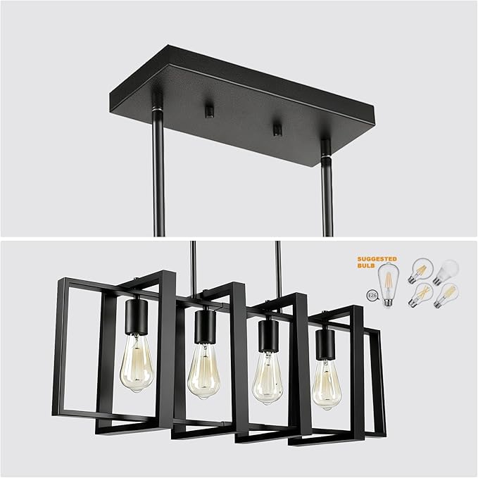 4-Light Island Lights for Kitchen, Rectangular Black Metal Kitchen Island Chandelier 31.5" Adjustable Rustic Modern Dining Room Light Fixtures Over Table, Chandeliers for Dining Room