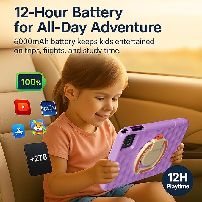 10.1 inch Kids Tablet, Android 15, 20GB RAM 128GB Storage, WiFi 6, HD Display, Parental Control, GPS, 12-Hour Battery, Tablet with EVA Protective Case-Purple
