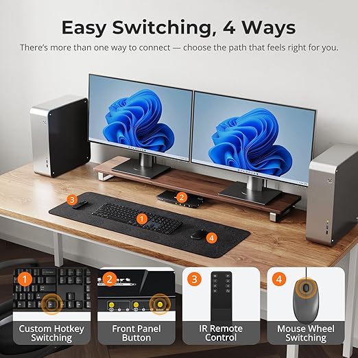 TESmart USB 3.0 HDMI KVM Switch 2 Monitors 2 Computers 4K@60Hz, Dual Monitor KVM Switch HDMI 2 Port Extended Display, Audio&Microphone, EDID Emulators, Hotkey Switch, Button Switch with Input Cables