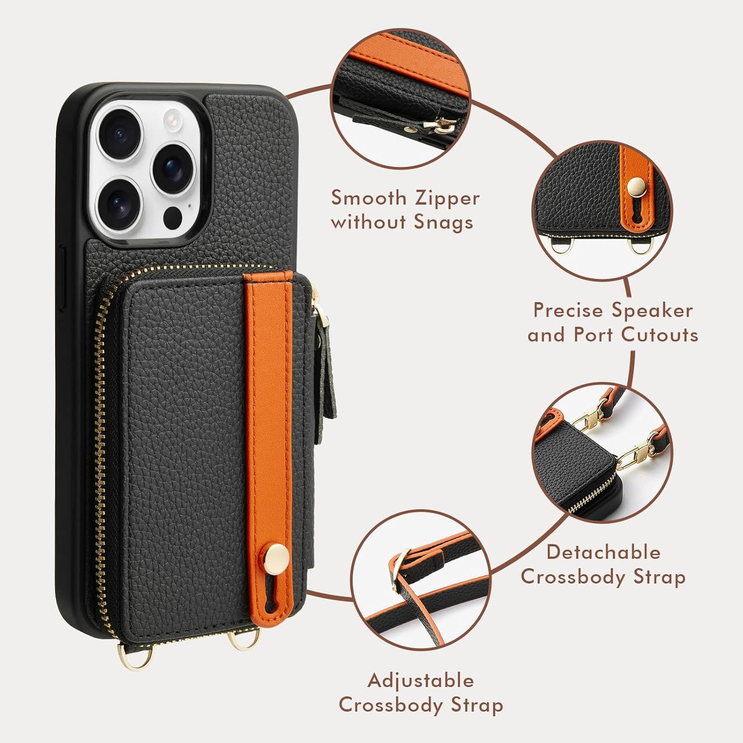 LAMEEKU for iPhone 15 Pro Max Wallet Case with Card Holder, Zipper Leather Crossbody Case with Kickstand Wrist Strap Lanyard for Women, Cover Phone Grip Holder Stand 6.7" -Black