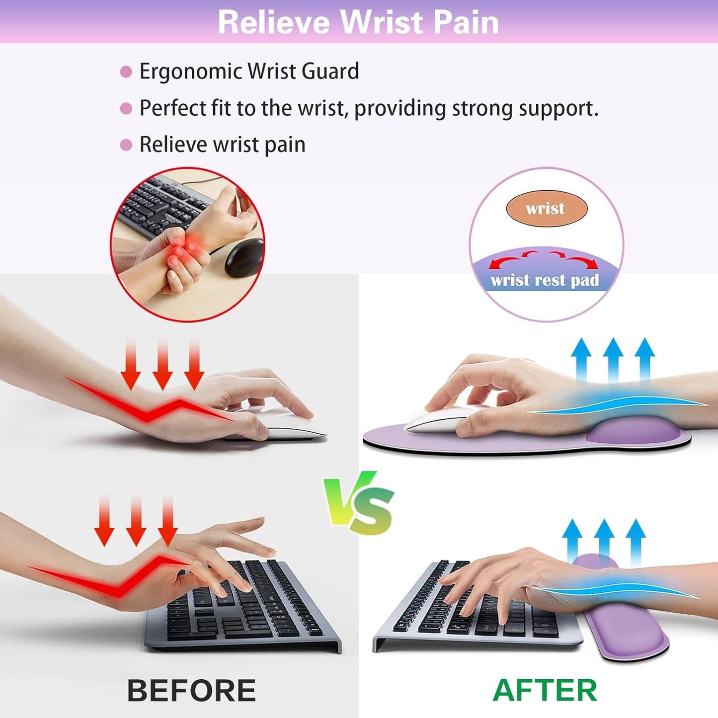 Mouse Pad with Wrist Rest Set, 3-in-1 Wrist Support Mousepad Set, Gaming Mat Pad with Anti-Skid Base,Ergonomic Mouse Pad Purple,Memory Foam Gel Wrist Rest for Computer Keyboard