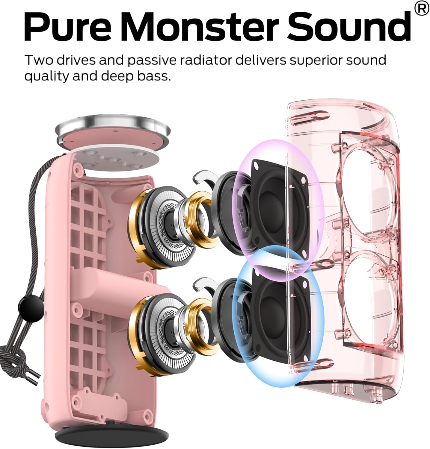 Monster S310 Upgraded Bluetooth Speaker, Portable Speaker, 30W True Wireless Stereo Pairing Deliver Dynamic Sound, IPX6 Waterproof, Bluetooth 5.2 Built-in Mic, 24H, for Family Outdoor Pink