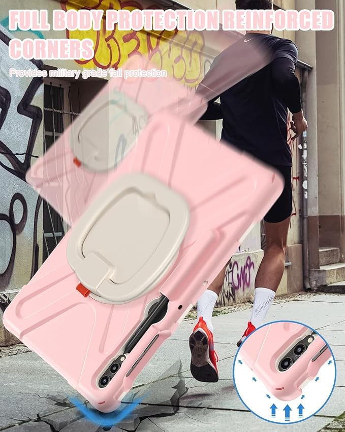 BRAECN Case for Samsung Galaxy Tab S9+/S8+/S7 FE/S7+ 12.4, Drop-Proof Rugged Case with Shoulder Strap, S Pen Holder,Stable Kickstand,Handle Grip for Galaxy Tab S9 Plus SM-X810/X816B/X818U-Sakura Pink