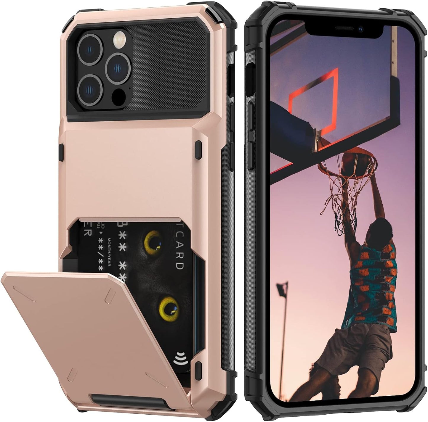 Nvollnoe for iPhone 12/12 Pro Case with Card Holder[Store 5 Cards] Dual Layer Heavy Duty Shockproof iPhone 12 Wallet Case with Hidden Card Slot Large Storage Cover for iPhone 12(Rose Gold)
