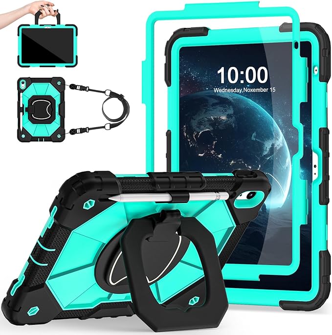 Case for iPad (A16) 11th/10th Generation 2025/2022,iPad Case 10th Generation with Rotating Stand Screen Protector,Shockproof Cover for i Pad 11.0/10.9 Inch Cases,Black Mint