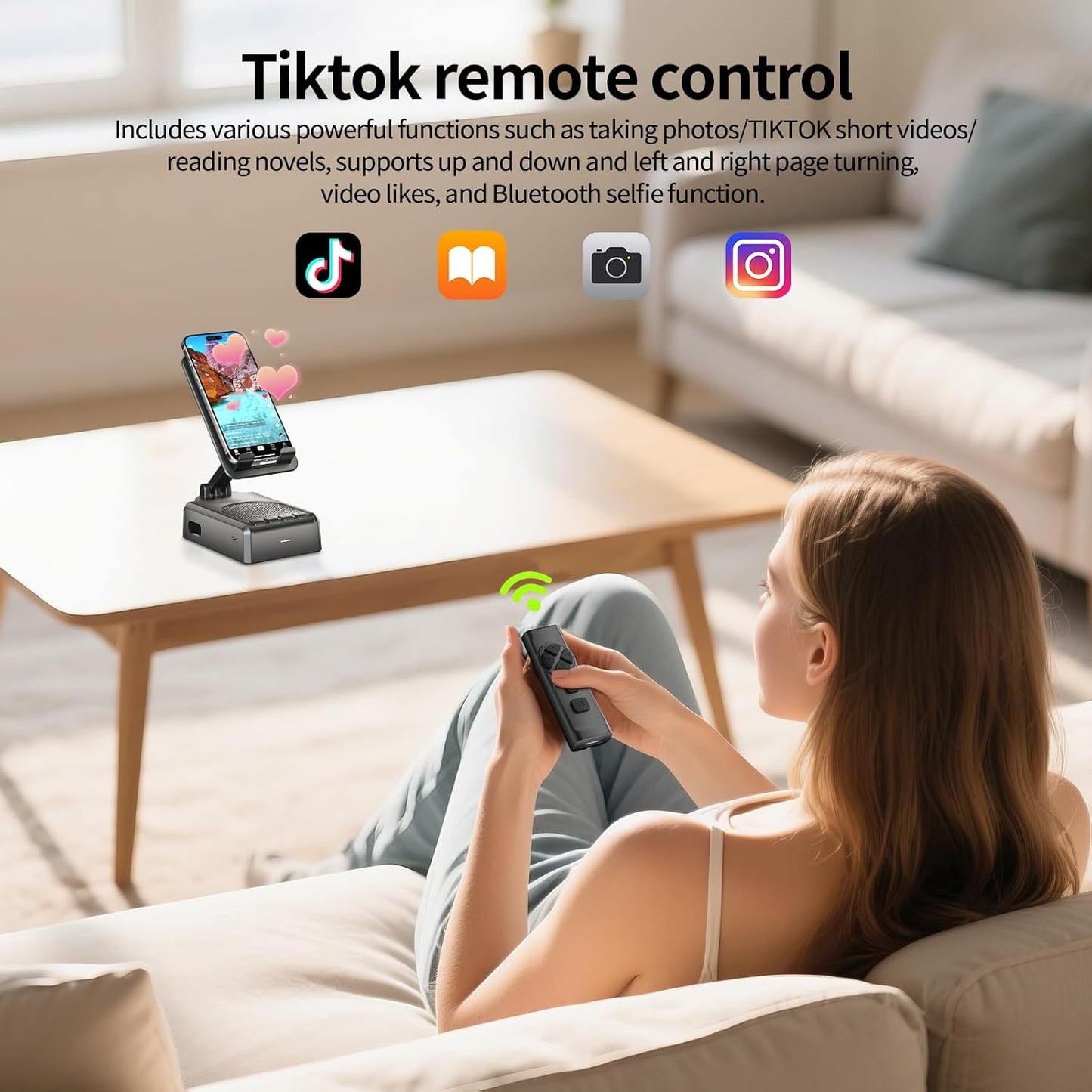 Cell Phone Stand with Bluetooth Speaker and Remote Control(Video Control/Camera Control),Birthday Gift, Portable Bluetooth Speaker for Home and Outdoors, All Day Playtime, Compatible with iOS/Android