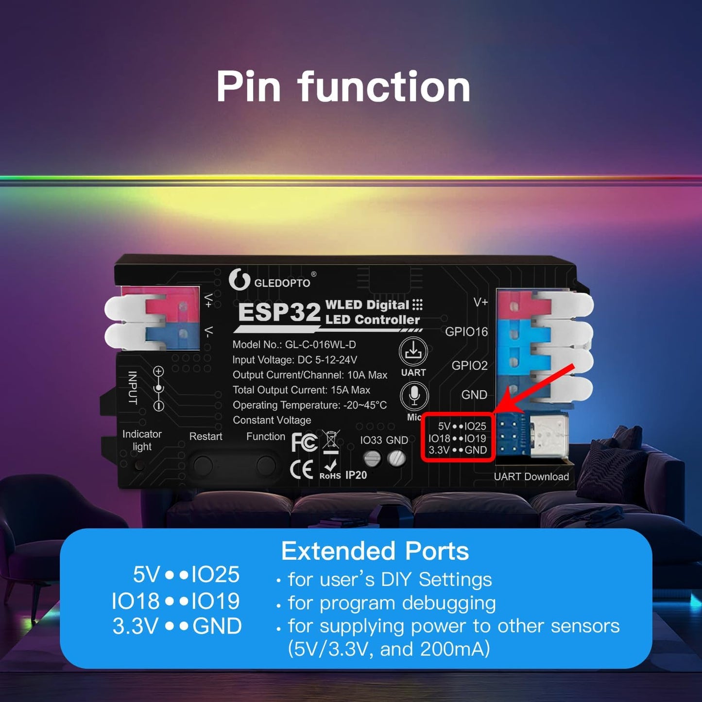 ESP32 WLED LED Strip Light Controller 15A Fuse Link Built in Mic UART Type-C Energy Saving Relay App Control Wago Wiring for RGB IC Addressable Digital WS2811 WS2812 SK6812 TM1814 WS2813 WS2815 etc