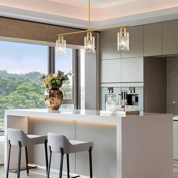 Kitchen Island Lighting, Linear Chandeliers Rectangle Pendant Light Fixtures for Dining Room Farmhouse Hanging Light with Glass Shades (Gold, 3 Lights)