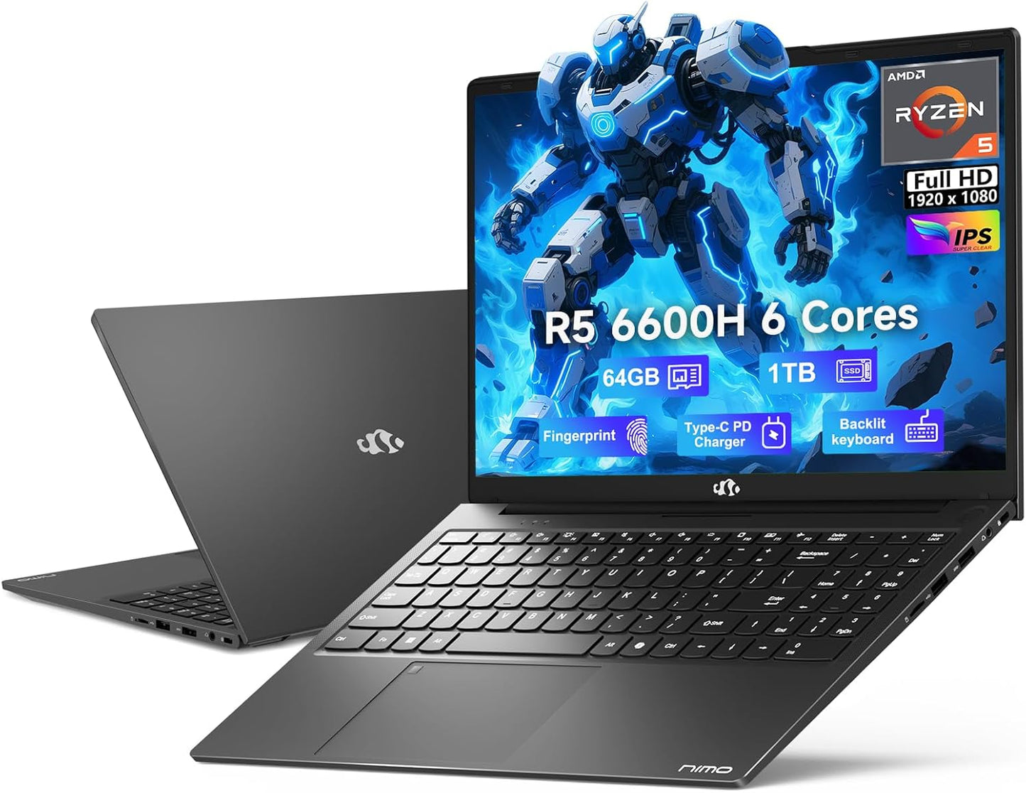 NIMO 15.6" IPS FHD-Gaming-Laptop, AMD Ryzen 5 6600H 6-Cores 660M GPU 64GB DDR5 RAM 1TB SSD(Beat i7-1165G7, Up to 4.5GHz) Computer with 100W GaN Type C Fingerprint Backlit Keyboard Win 11