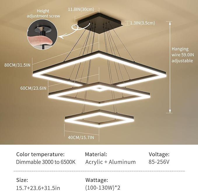 Modern LED Chandelier, 3 Ring Square LED Pendant Ceiling Light, Dimmable Foyer Chandelier Lighting Fixture, Adjustable Height Over Table Hanging Light for Living Dining Room, Bedroom, Study Room