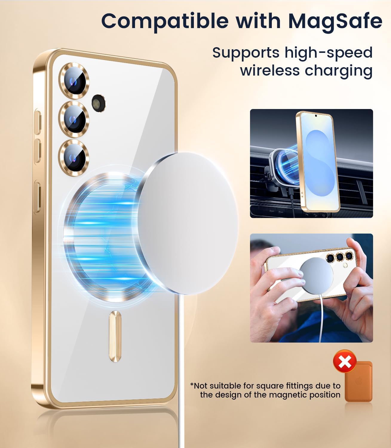 Slim Thin for Samsung Galaxy S25 Plus Case, Compatible with MagSafe, Built-in Camera Lens Protector, Shockproof Protective Phone Case, Soft Electroplated Clear Cover, Gold