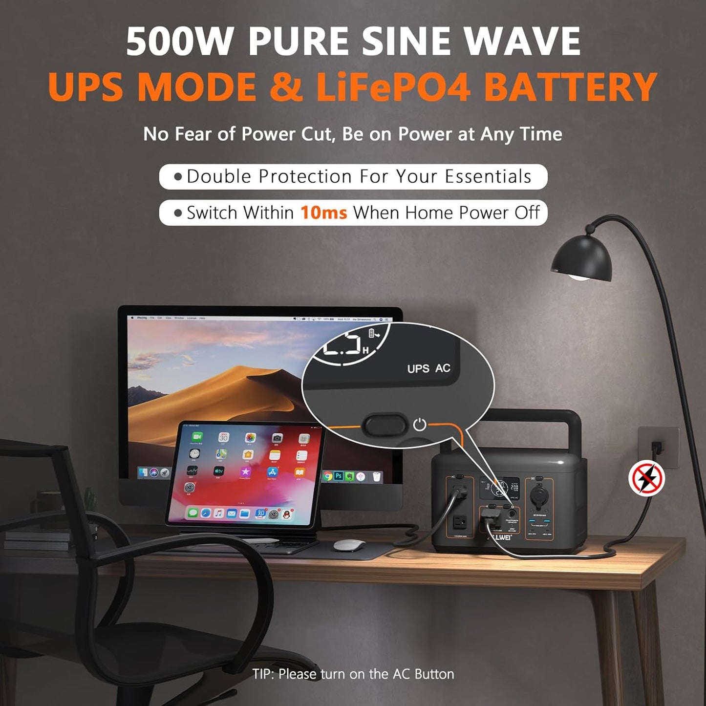 ALLWEI 512Wh Portable Power Station, 500W(Peak 1000W) LiFePO4 Battery, Solar Generator Fast Charge, UPS Mode, Pure Sine Wave 110V AC Outlets, Battery Generator for CPAP Outdoor RV Camping Power Outage