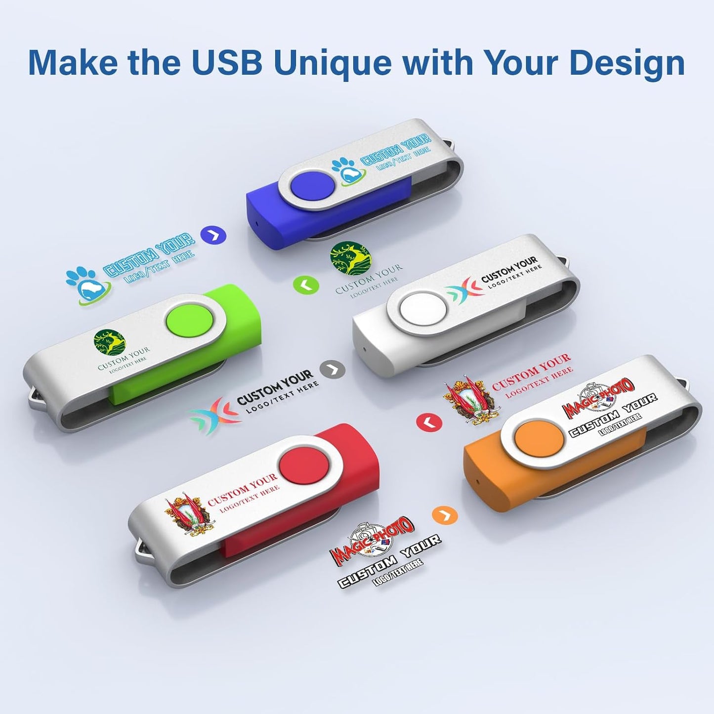 Personalized Flash Drives 2GB, Wooolken Customizable USB 2.0 Thumb Drives 10/20/50/100 Pack, Logo Memory Stick Custom Flash Drive Engraved Logo (Mixcolors)