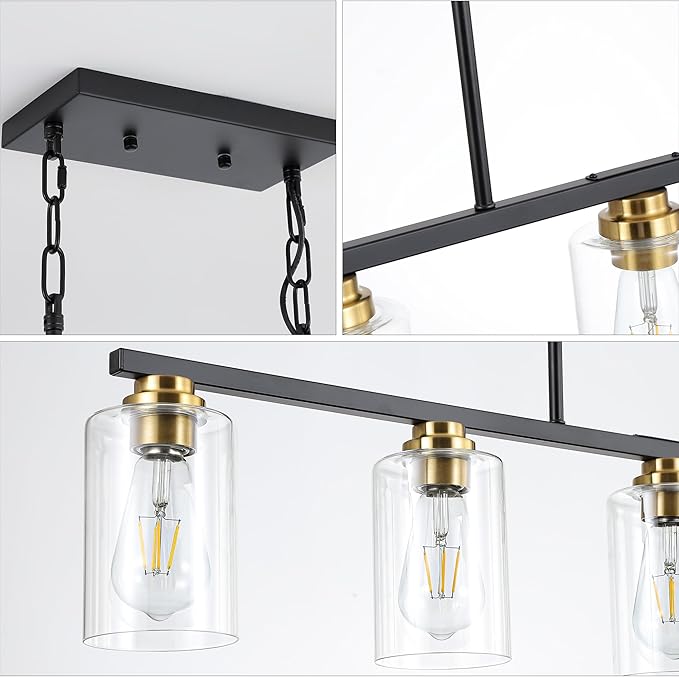 Island Light for Kitchen, Black and Gold Dining Room Light Fixture Over Table, 5-Light Linear Chandelier Pendant Lighting for Dining Table Kitchen Island Living Room