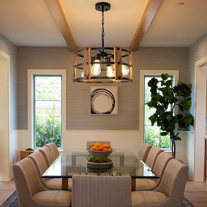 Rustic Farmhouse Chandelier, 4 Lights Pendant Light Fixture, Adjustable Height, Brown Vintage Wood Hanging Pendant Lighting for Entryway Kitchen Island Foyer Dining Room Living Room Bedroom
