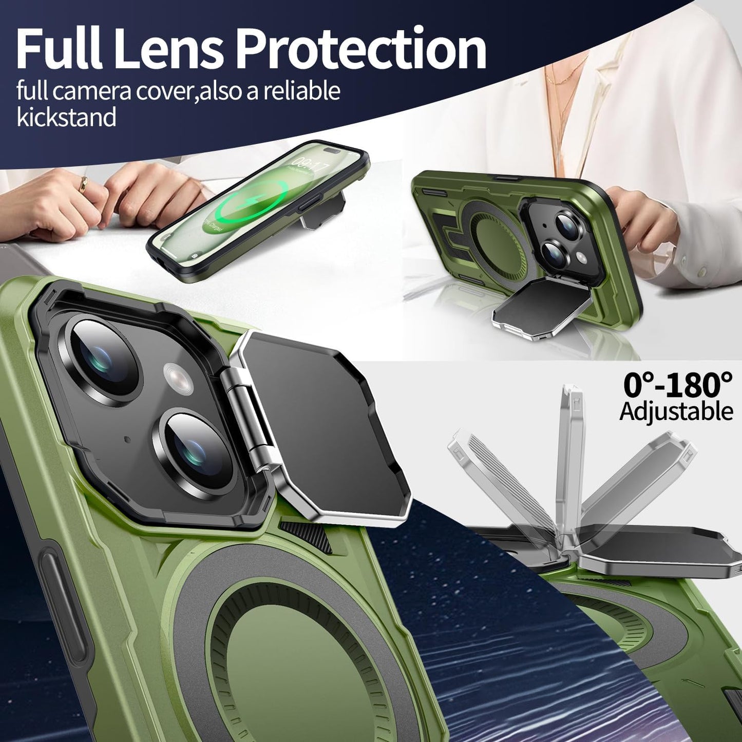 Camera Stand Case for iPhone 15 Plus, [Compatible with Mag Safe] [Lens Cover] 2024 Version Military Grade Protective Soft Case for iPhone 15 Plus 6.7 inch Men Women, Green