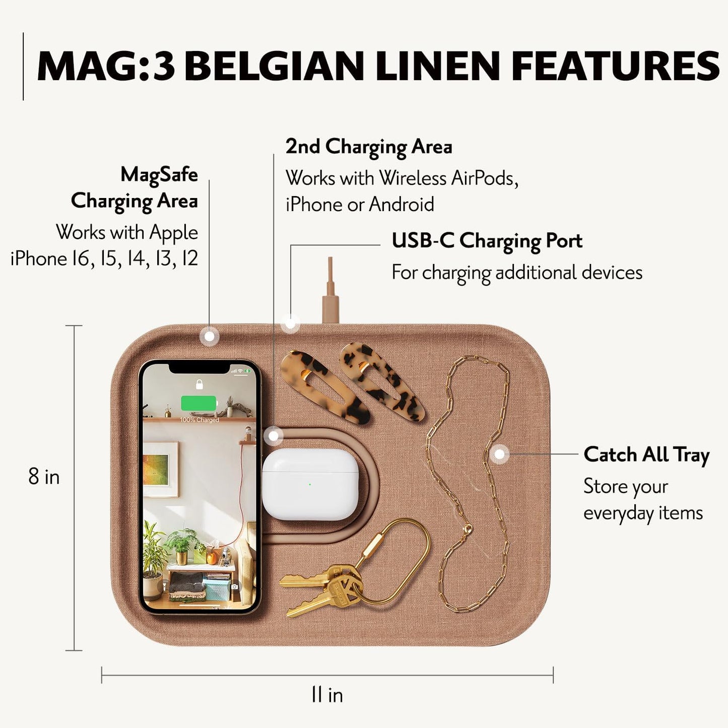 COURANT MAG:3 Charger and Tray - Belgian Linen, Multi-Device Charger Compatible with MagSafe iPhones 16, 15, 14, 13, 12 or Wireless AirPod Cases (Camel)