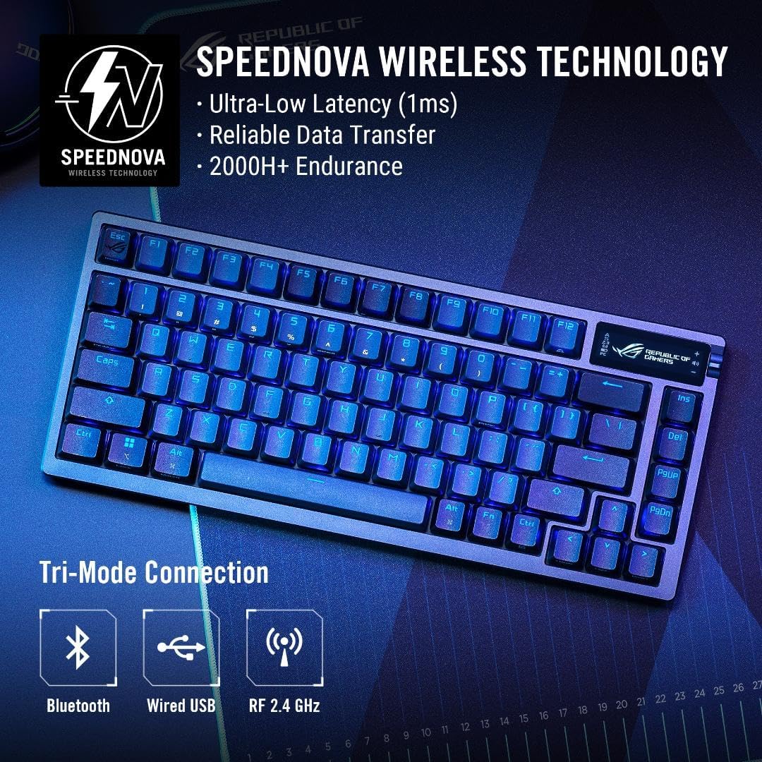 ASUS ROG Azoth 75 Wireless DIY Custom Gaming Keyboard, OLED Display, Gasket-Mount, Three-Layer Dampening, Hot-Swappable Pre-lubed ROG NX Snow Switches & Keyboard Stabilizers, PBT Keycaps, RGB