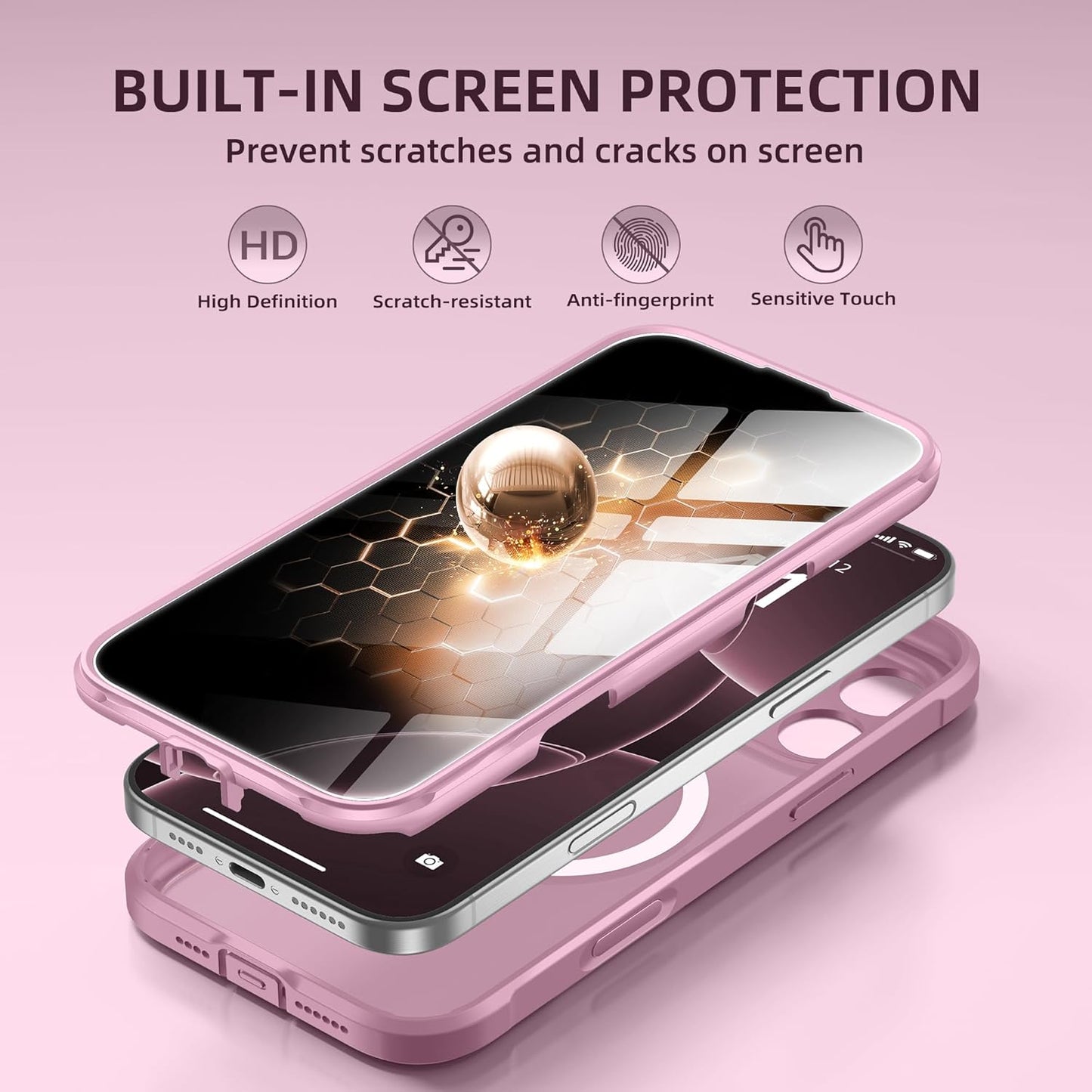 BERFY Magnetic for iPhone 16 Pro Case, Compatible with MagSafe, Built-in Privacy Screen Protector and Upgraded Camera Protection, Anti-Spy Full Body Shockproof Phone Case for 16 Pro 6.3",Palevioletred