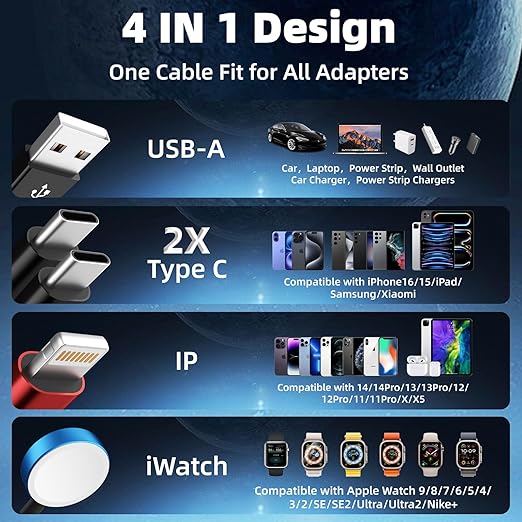 Dual Type-C 4 in 1 Charging Cable for Apple iWatch Charger, Travel Essentials Multi Charging Cable iPhone Charger Cord Compatible with iWatch Ultra/SE/10-1, iPhone17 16 15 14, Android-1Pc 5FT