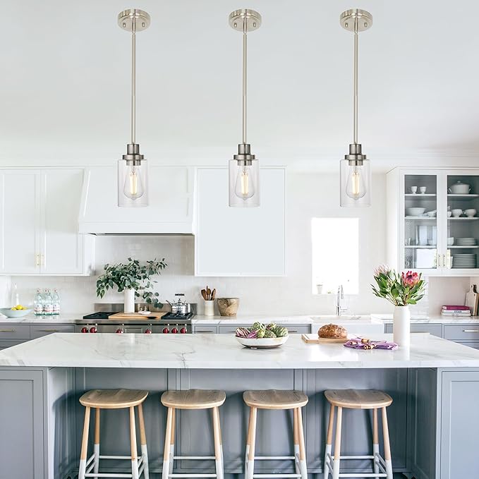 MELUCEE 2-Pack Pendant Light Brushed Nickel Adjustable Hanging Light Fixtures Ceiling with Clear Glass Shade, Set of Two Mini Pendant Lighting for Kitchen Island Hallway Porch Corridor