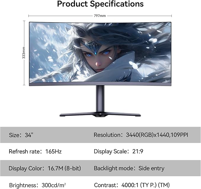 34 inch 4K Curved Monitor, WQHD (3440x1440) 165Hz 1500R Ultrawide Gaming Computer Monitor, Support Freesync,1ms Support 1 Audio Out, 2 HDMI & 2 DP, VESA Mount/Tilt Adjustable- (G34WQ)