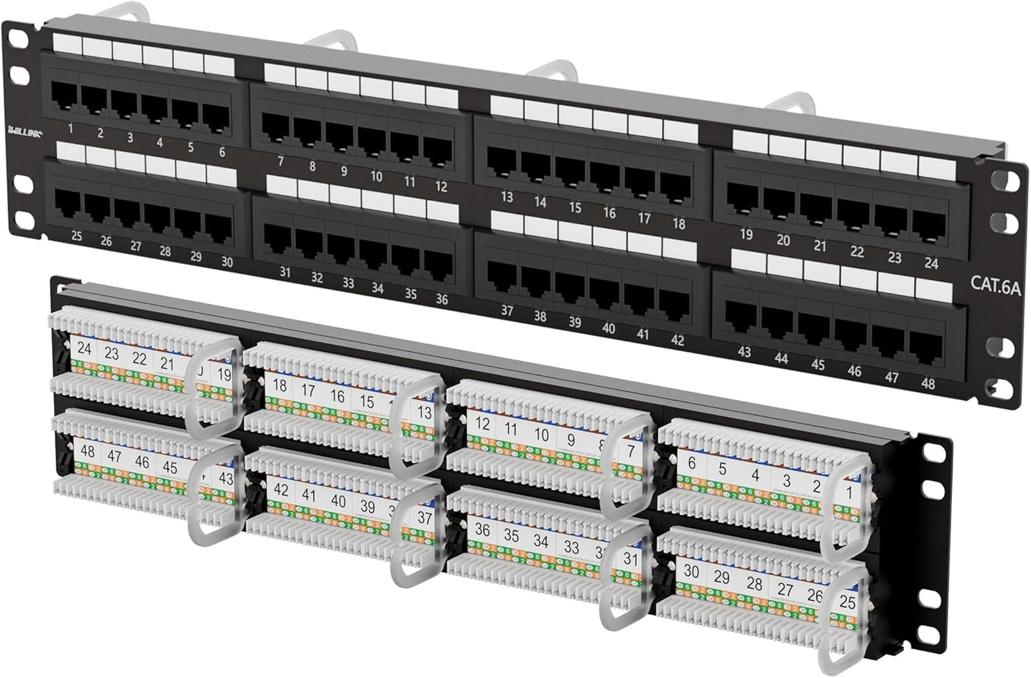 Iwillink 10Gbps Cat6A Patch Panel 48 Port, Network Patch Panel UTP 19-Inch, Wallmount or Rackmount 2U RJ45 Patch Panel Punch Down Block for Cat6A, Cat6, Cat5e Cat5 Cabling