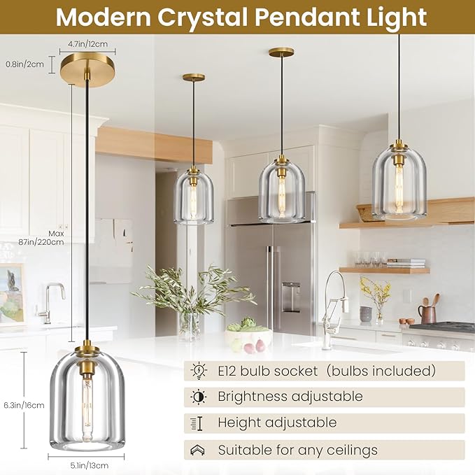 Crystal Pendant Light Kitchen Island: 2 Pack Gold K9 Crystals Lights - 5.1" Dimmable Contemporary Cylinder Light above Dining Table - Modern Ceiling Hanging Lighting for Bedroom E12 Bulbs Included