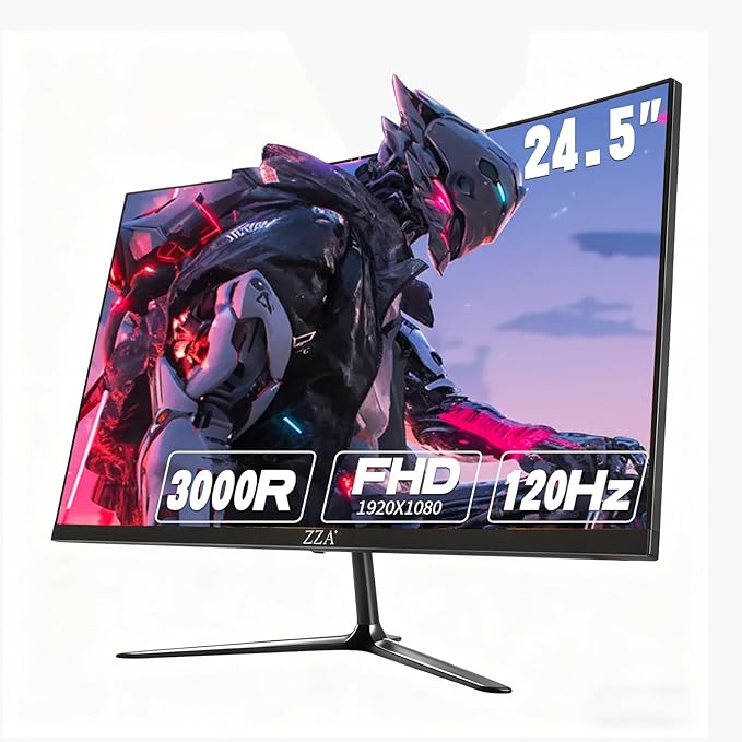 ZZA 24.5 Inch FHD (1920x1080) 120Hz Curved Gaming Monitor, 3000R Curvature VA Panel, 1ms MPRT, AMD FreeSync, Ultra-Thin Bezel, Eye Care, for Esports,PC