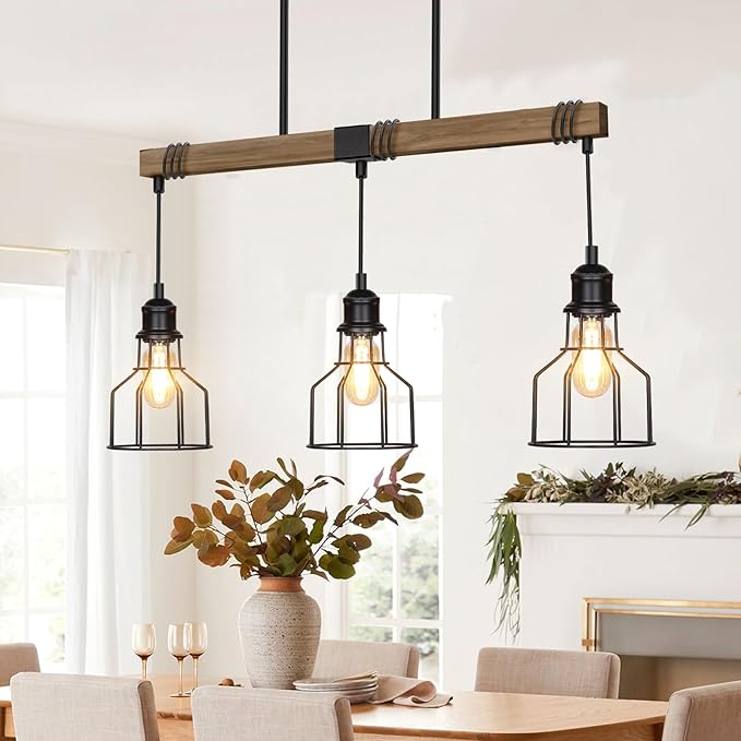 3-Light Kitchen Island Lighting, 63" Adjustable Height Pendant Light Fixtures Black Metal & Rustic Wood Modern Dining Room Linear Chandelier Over Table with E26 Base for Farmhouse Bar