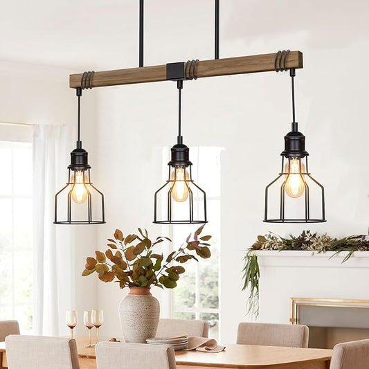 3-Light Kitchen Island Lighting, 63" Adjustable Height Pendant Light Fixtures Black Metal & Rustic Wood Modern Dining Room Linear Chandelier Over Table with E26 Base for Farmhouse Bar