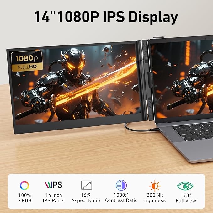 Vixtan 2.2lb Ultra-Light Laptop Screen Extender, 14" Triple Portable Monitor for Laptop, Ultra-Thin 1080P FHD Monitors for 13.3-17.3" Laptops, Triple Monitor Extended for Windows/Mac/Chrome