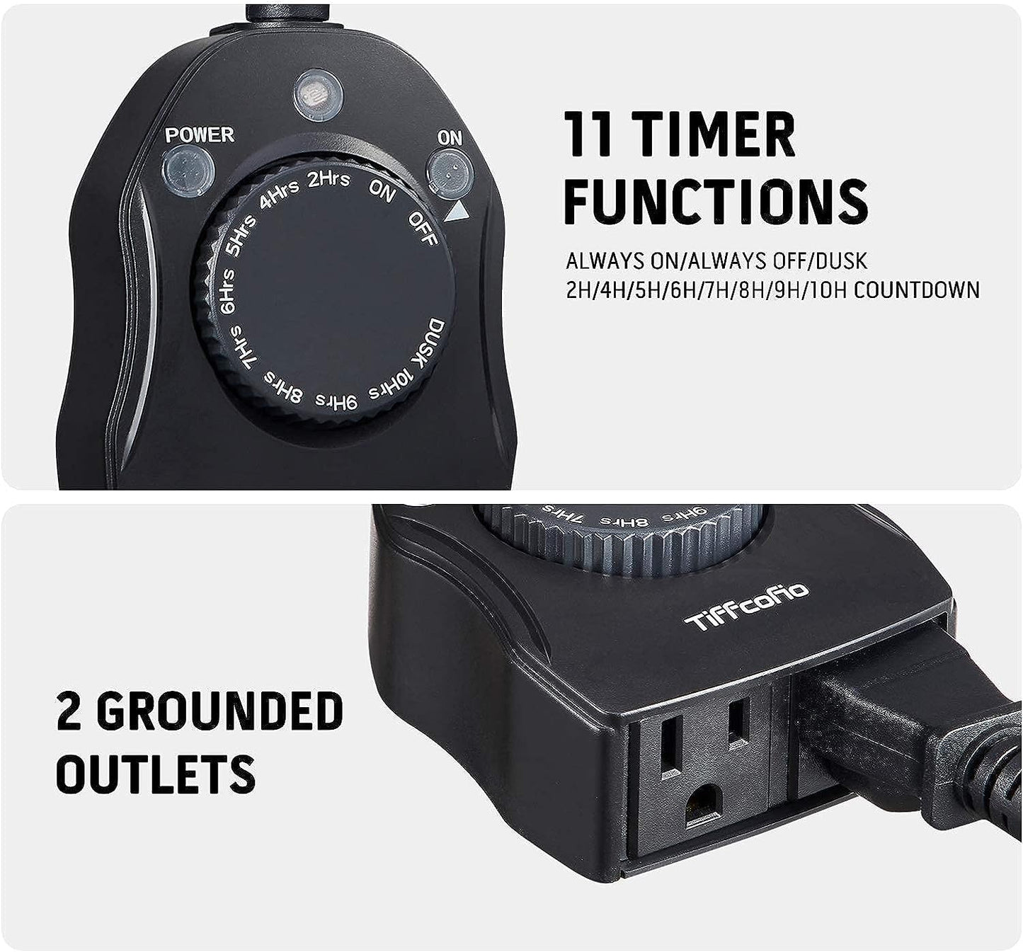 TiFFCOFiO Outdoor Christmas Light Timer, Dusk to Dawn Sensor Countdown, Outdoor Timers for Electrical Outlets Waterproof, 2 Grounded Outlets for Christmas Lights, 15A 1/2HP, CSA Listed (2 Pack)