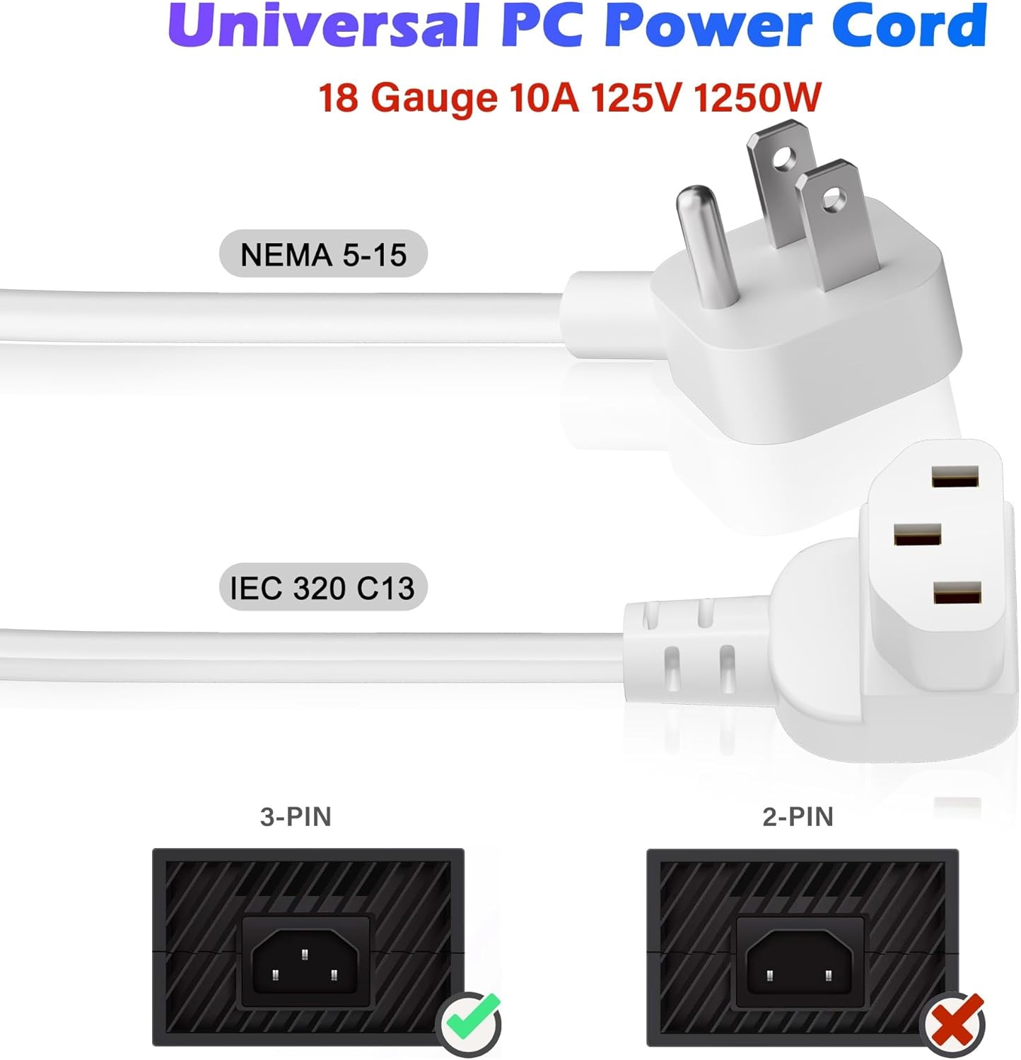 Adoreen 15 Ft Computer TV Replacement Power Cord White, Low Profile Flat Plug to 90 Degree Angled L-Shaped 18AWG 3-Prong AC Universal Power Supply Cable for Printer, PC, Monitor TV LCD, ETL+Ties