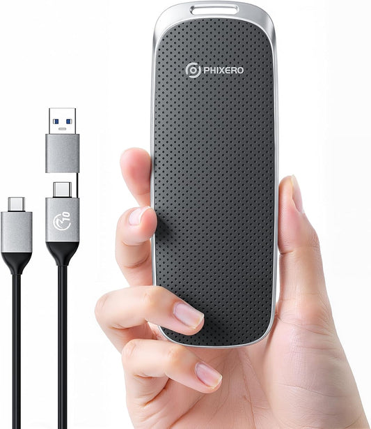 PHIXERO P10PRO External NVMe SSD 256GB, Up to 1050MB/s, USB 3.2 Gen2, Includes 2-in-1 USB C Cable, Portable Hard Drive for iPhone 15+/Android/Windows/Mac, Black