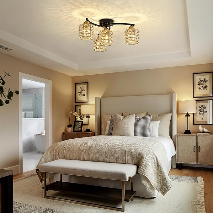 Flush Mount Ceiling Light, 4-Light Black and Gold Semi Flush Mount Lighting Fixture, Modern Farmhouse Ceiling Lamp with Crystal Shade for Bedroom, Living Room, Kitchen, Hallway