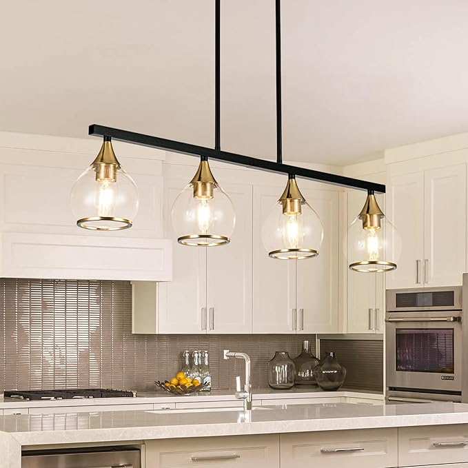 Island Light for Kitchen, 4-Light Black and Gold Kitchen Island Farmhouse Linear Hanging Pendant Chandeliers, Matte Black Dining Room Light Fixture Over Table with Clear Round Glass Shades