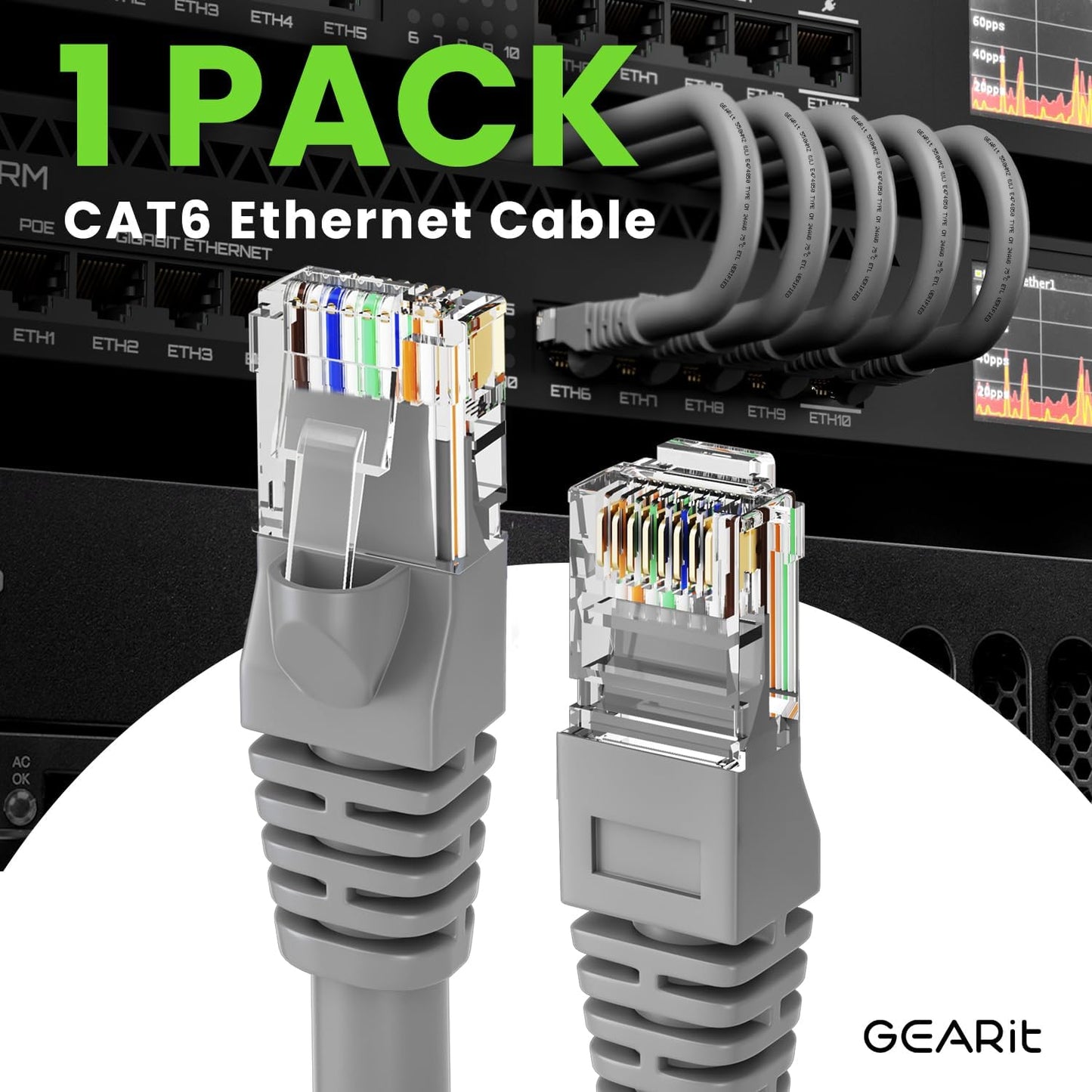 GEARit Cat 6 Ethernet Cable (1-Pack 50 Feet) Cat6 Network Patch, 10Gbps, RJ45, Snagless Cord, Gold-Plated Connectors, Internet for PC, TV, Tablet, Router, Printer, Servers, IT Data Center - Gray