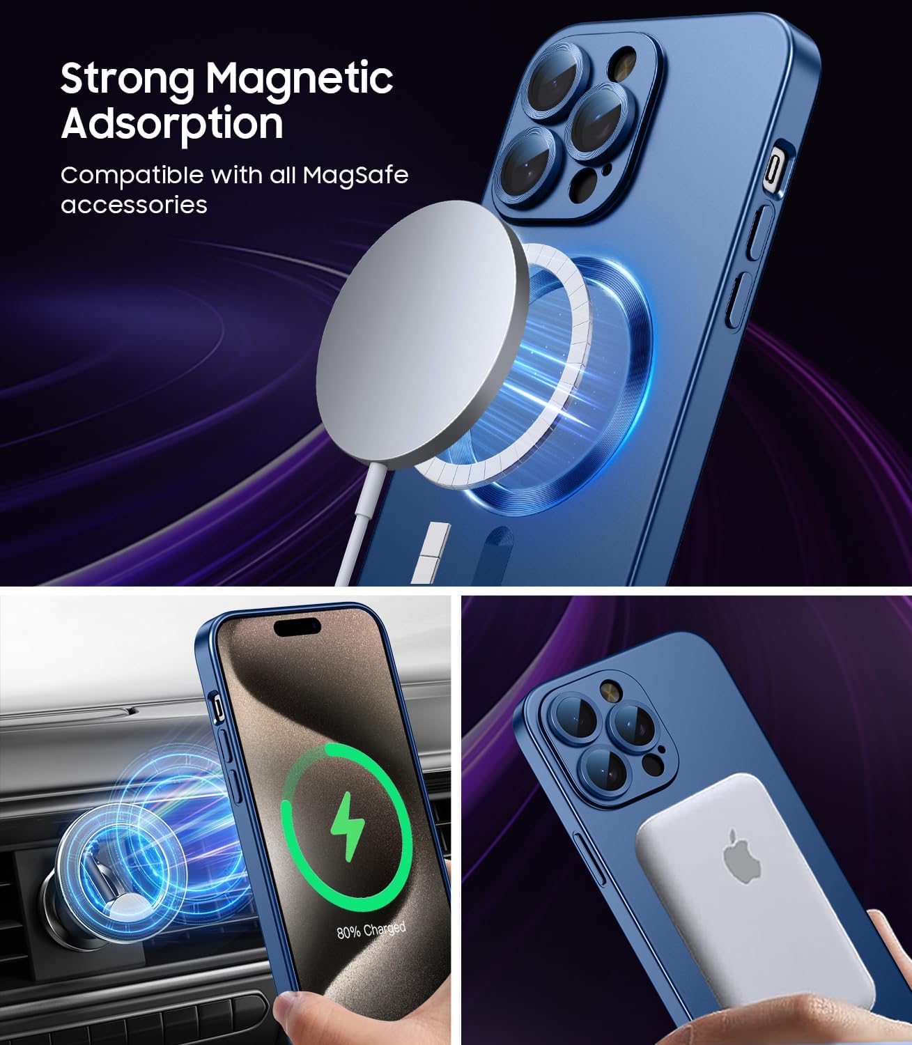 Magnetic for iPhone 15 Pro Case [Compatible with MagSafe][Built-in Camera Lens Protector] Slim Soft Silicone Bumper Shockproof Metallic Shine Phone Case (Blue)