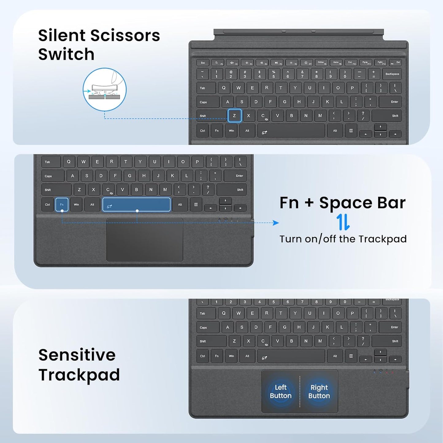 MoKo Type Cover Compatible with Microsoft Surface Pro 7 Plus 2021/ Pro 7 / Pro 6 / Pro 5 / Pro 4 /Pro 3, Lightweight Wireless Replacement Keyboard with Trackpad & Built-in Rechargeable Battery, Gray