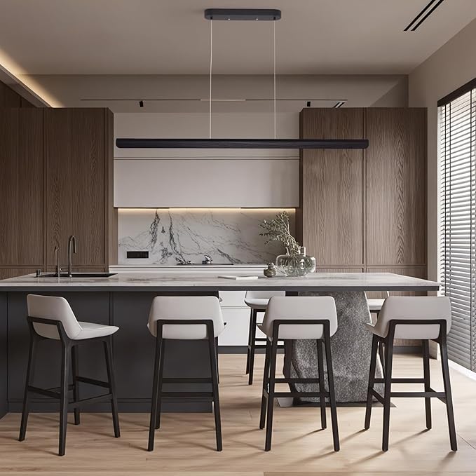 47inch Wood LED Linear Pendant Light, Dimmable Wood Ceiling Lamp,Minimalist Linear Chandelier, 36W Warm Light 3000K, Modern Kitchen Island Dining Room Lighting Black Adjustable Height