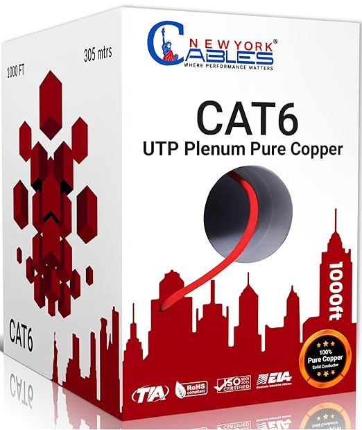NewYork Cables CAT6 Plenum Cable 1000ft | 100% Solid Bare Copper, UTP, 550MHz, 23AWG, 4Pair 10GB Ethernet Cable, Certified CMP-Rated Bulk Cat 6 Cable for Networking & Gaming (1000ft, Pure Copper,Red)