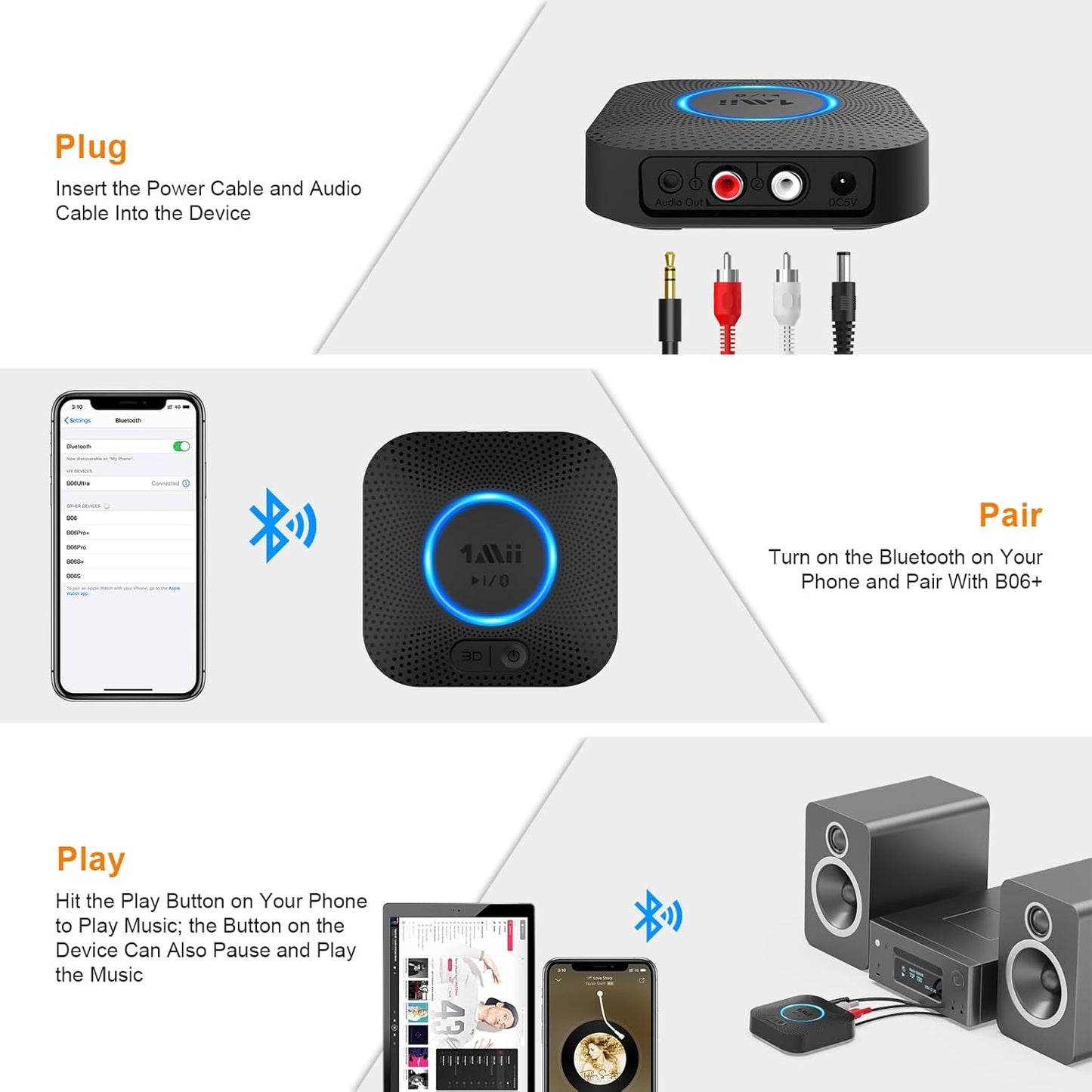 [Upgraded] 1Mii B06 Plus Bluetooth Receiver, HiFi Wireless Audio Adapter, Bluetooth 5.3 Receiver with 3D Surround aptX HD aptX Adaptive for Home Music Streaming Stereo System