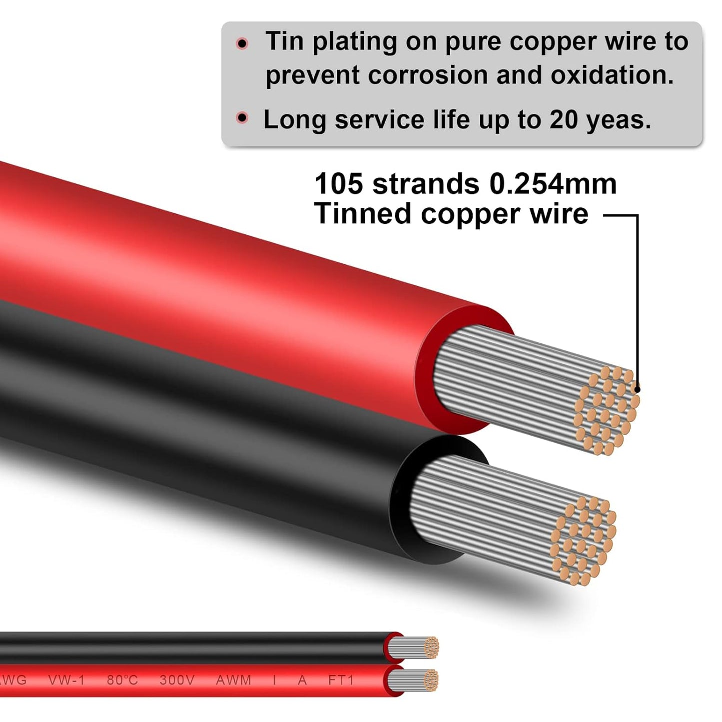10 Gauge Wire 50FT Tinned Copper Wire - 2 Conductor Parallel Wire Insulated Stranded Wire for Solar Panel Car Audio Auto, Low Voltage Electrical Wire for LED Lighting (10AWG 50FT)