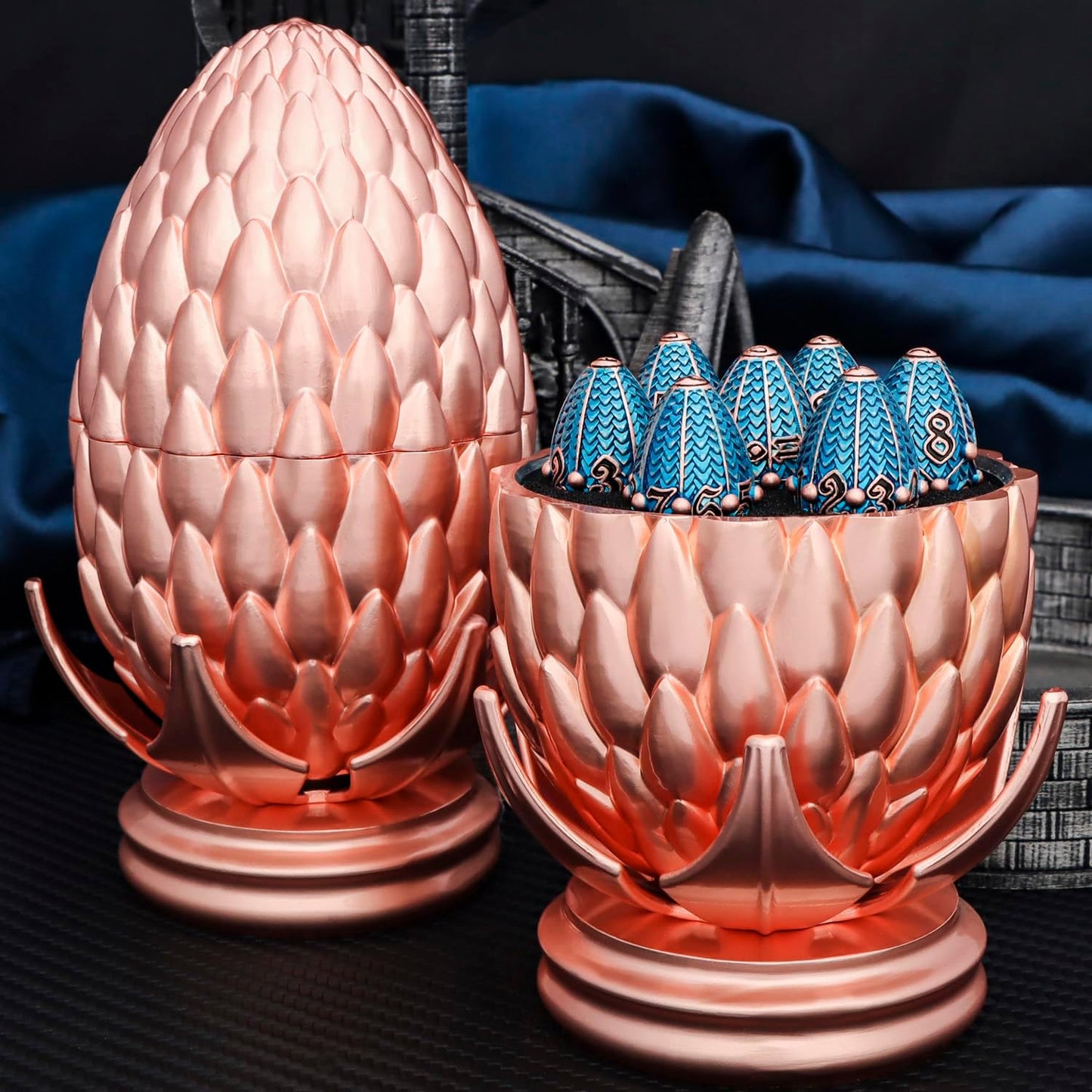 ARUOHHA DND Metal Dice Copper Blue Dragon Egg Dice with Rotating Dragon Egg Shell, Role Playing Game RPG Polyhedral D and D Dice Set D20 D12 D10 D8 D6 D4