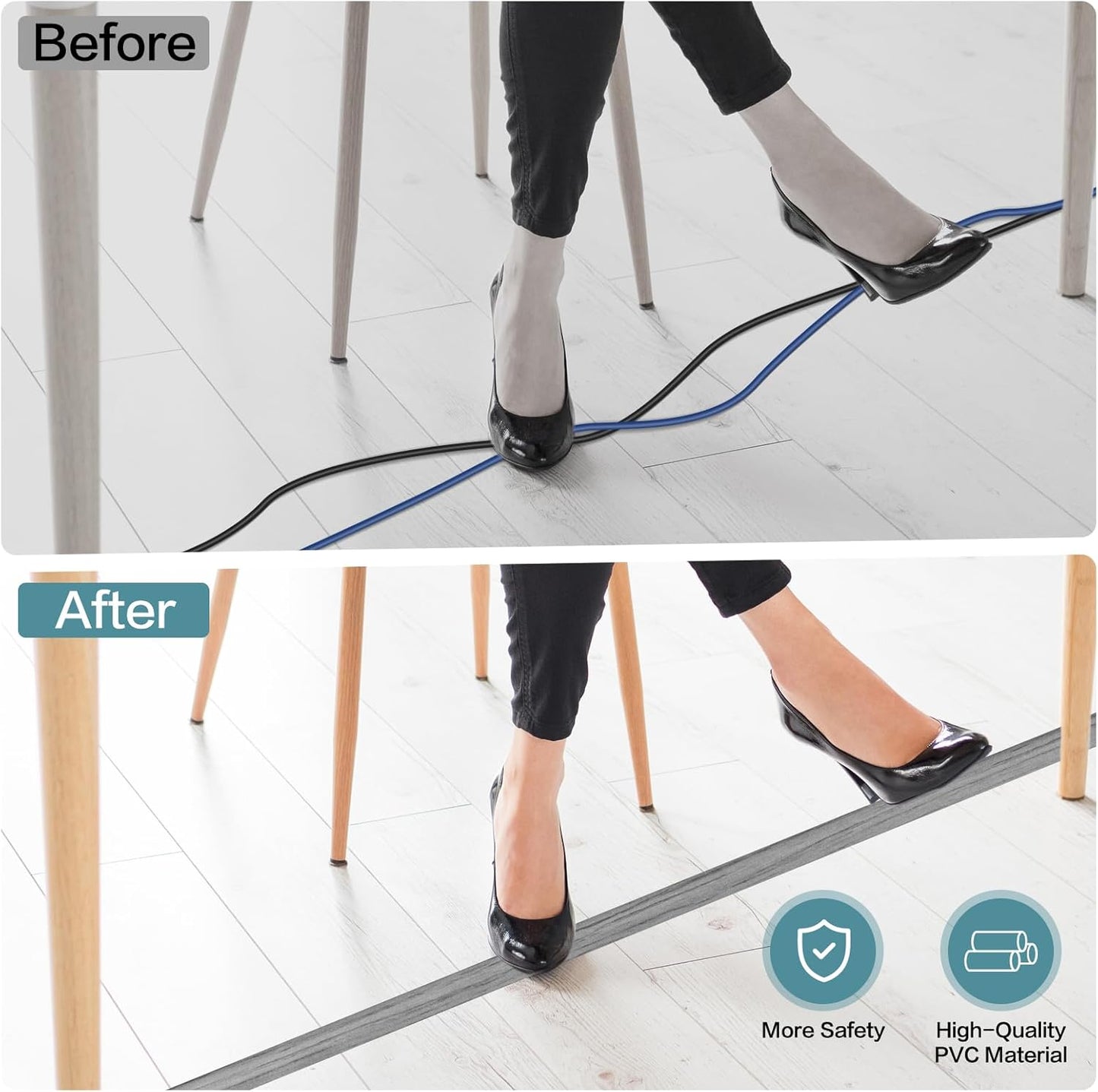Floor Cord Cover Self Adhesive Cord Hider Floor Extension Cord Covers for Floor Power Cord Protector Cable Management Prevent Cable Trips Cable Cavity 0.47" W x 0.27" H (Light Grey Wood, 20Ft)