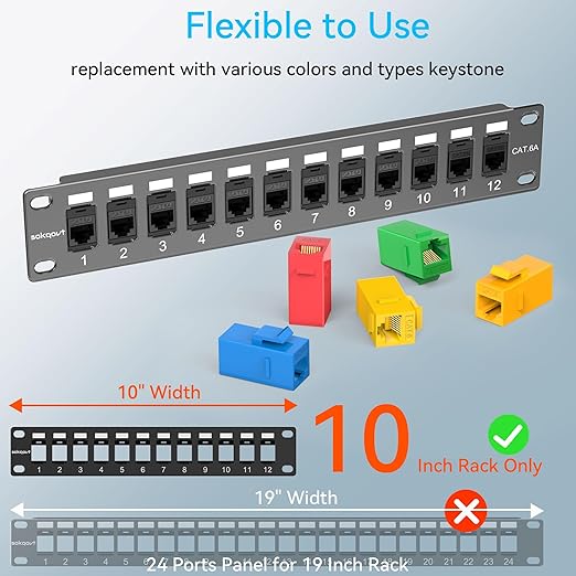 Mini Patch Panel 12 Port Cat6a with Coupler Keystone, Cat6 Network Panel 10G No Punch Down, Time-Saver Ethernet 1U Rj45 Panel, Rackmount 10 Inch Patch Panel
