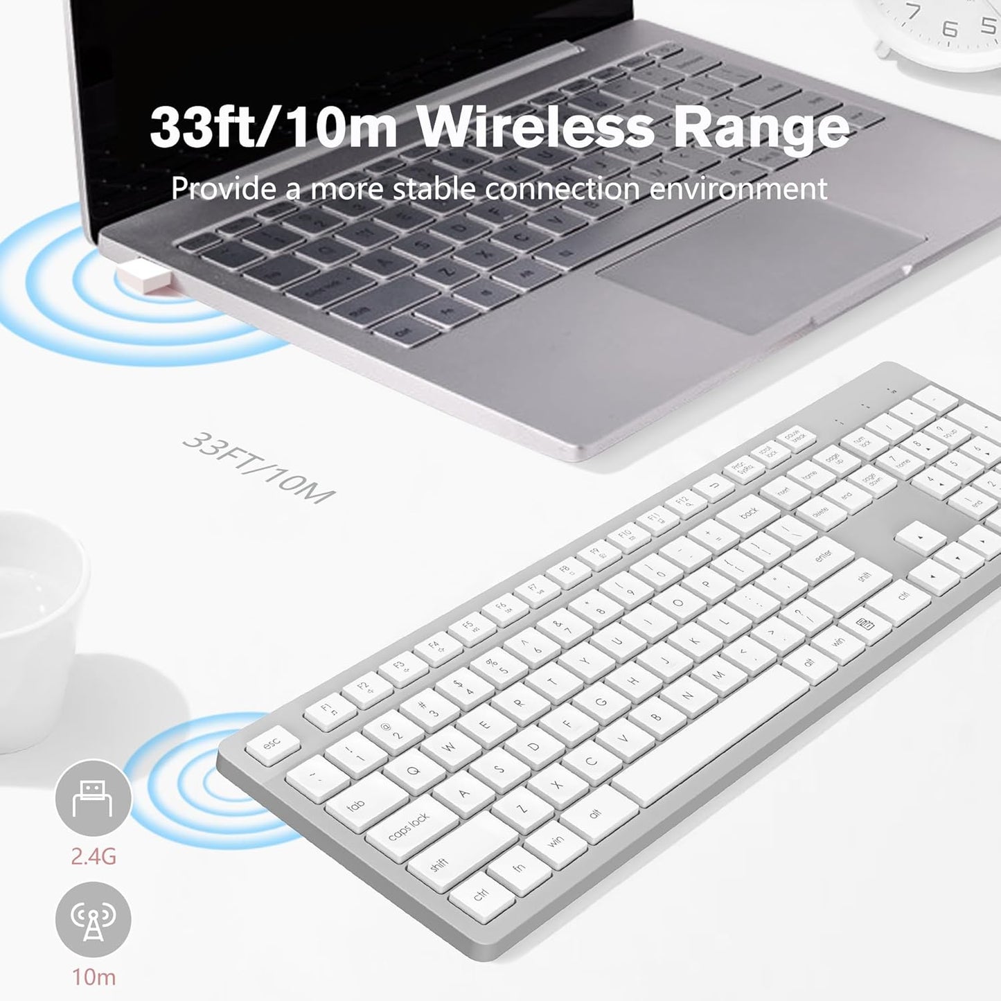 LeadsaiL Wireless Keyboard, 2.4GHz Full-Sized Ergonomic Computer Keyboard, Cordless Noiseless Keyboard,12 FN Shortcuts for Windows MacOS Laptop Computer - White and Grey