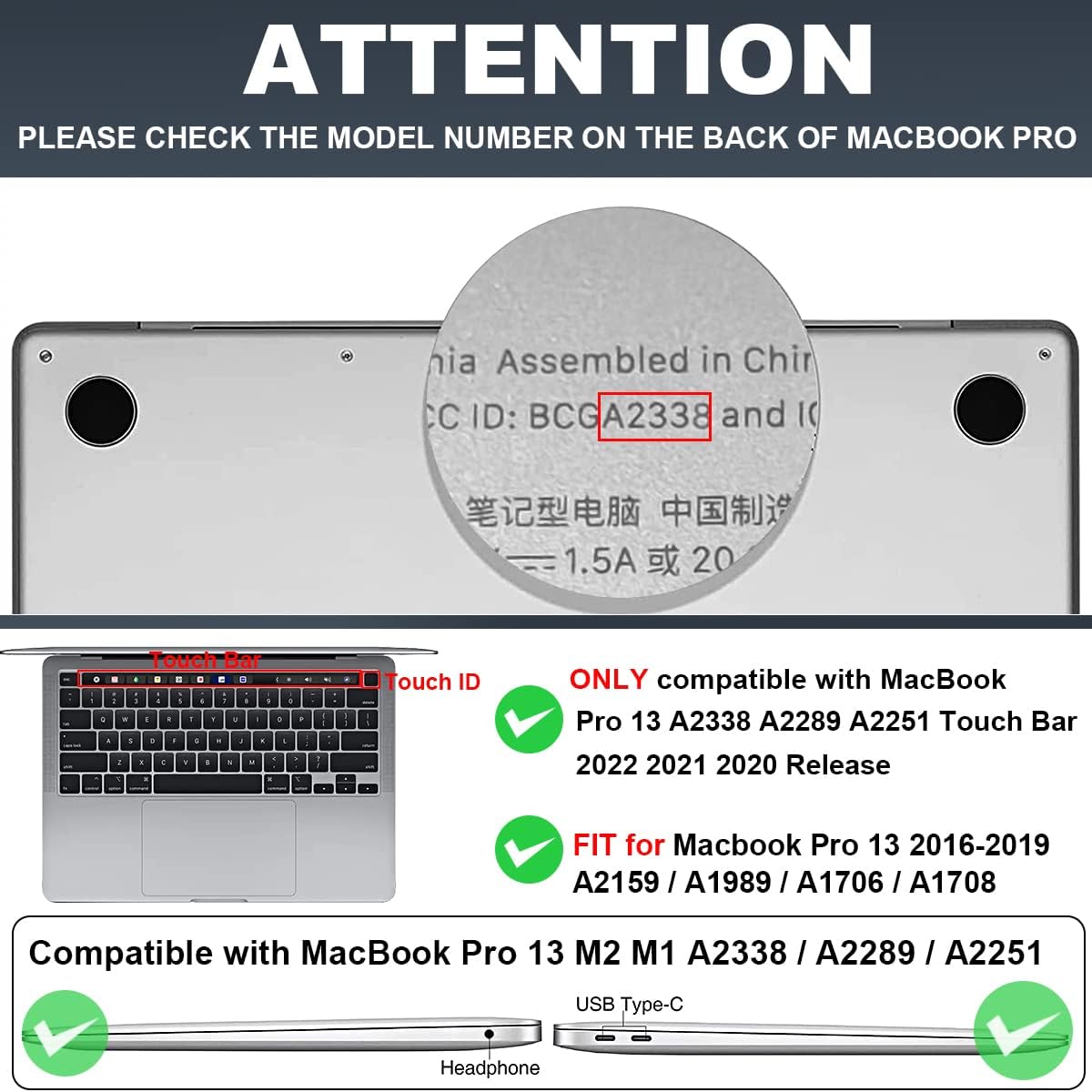 for 2020 2021 2022 MacBook Pro 13 inch Case M2 M1 A2338 A2289 A2251 with Touch Bar & Touch ID, Printed Pattern Plastic Hard Shell Case Keyboard Cover Screen Protector, Pink Bowknot Black