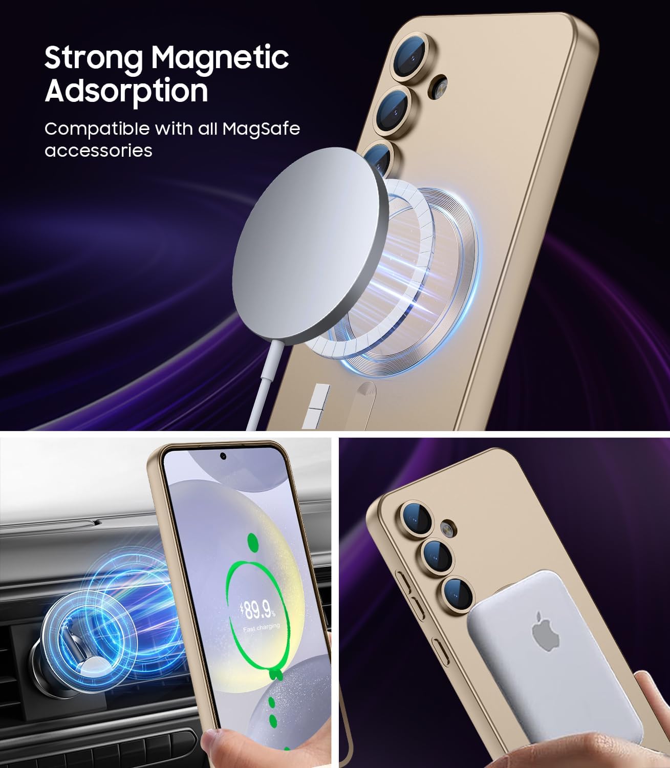Magnetic for Samsung Galaxy S24 Case [Compatible with MagSafe][Built-in Camera Lens Protector] Slim Soft Silicone Bumper Shockproof Metallic Luster Phone Case (Gold)